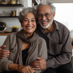 Happy senior couple smiling and sitting together in a well-lit, tidy living room, with visible safety features such as non-slip rugs and grab bars in the background, conveying a sense of safety and comfort in their home environment.